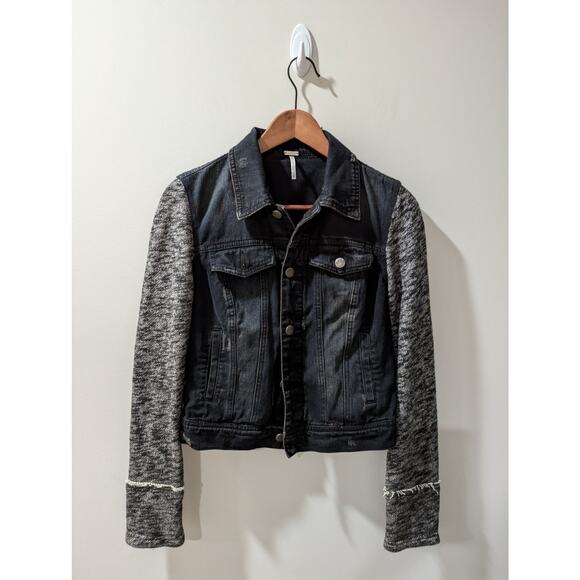 Free People Distressed Mixed Media Denim Jacket - Picture 1 of 5